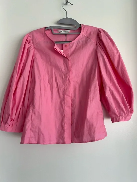 Zara Bright Pink Puff-Sleeve Button-Down Blouse - Picture 1 of 4